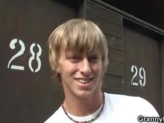 He finds and bangs blonde granny in the changing room