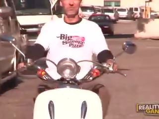 Amateur inviting brunette slut with natural big tits doing blowjob in the garage