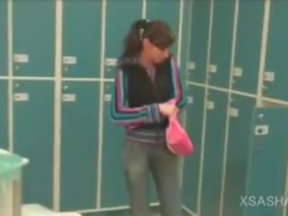Lesbo splendid to trot Brunette Masturbates Cunt In The Locker Room